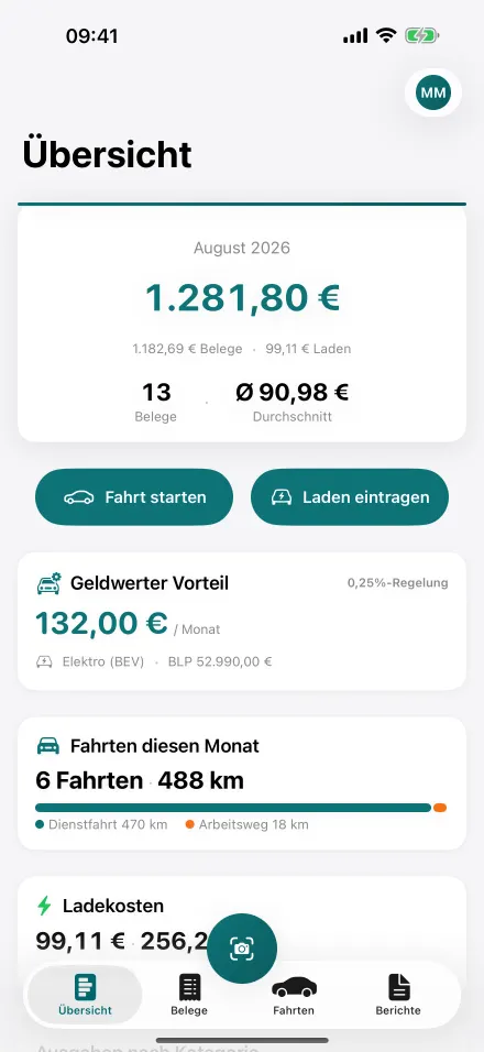 Übersicht mit Monatssumme, Anzahl der Belege, geldwertem Vorteil und Fahrten des Monats.