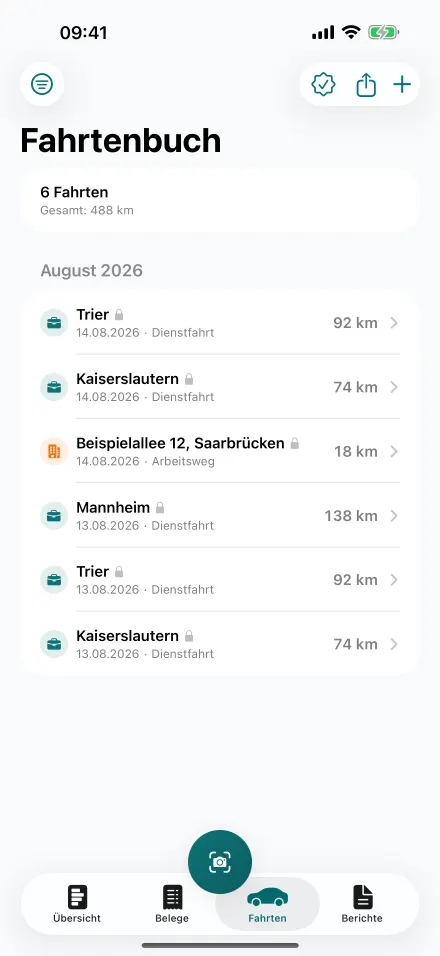 Fahrtenbuch mit sechs Fahrten, je Fahrt Ziel, Datum, Fahrtart und Kilometer.